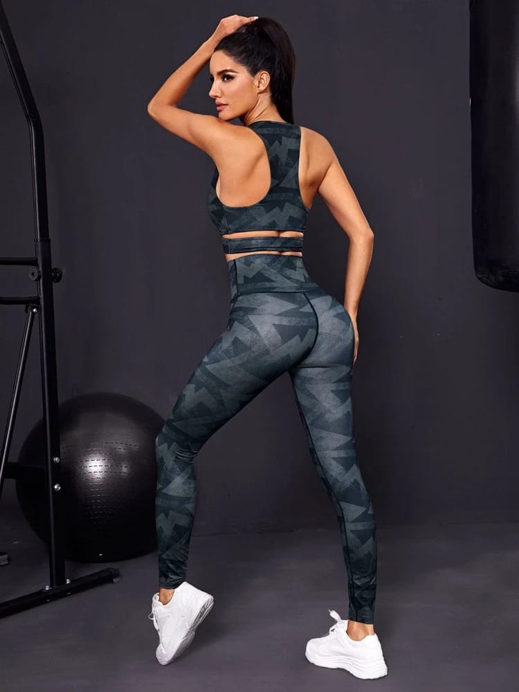 Geo Print Crossover Sports Bra & Leggings freeshipping - Kendiee