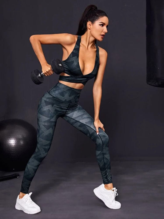 Geo Print Crossover Sports Bra & Leggings freeshipping - Kendiee