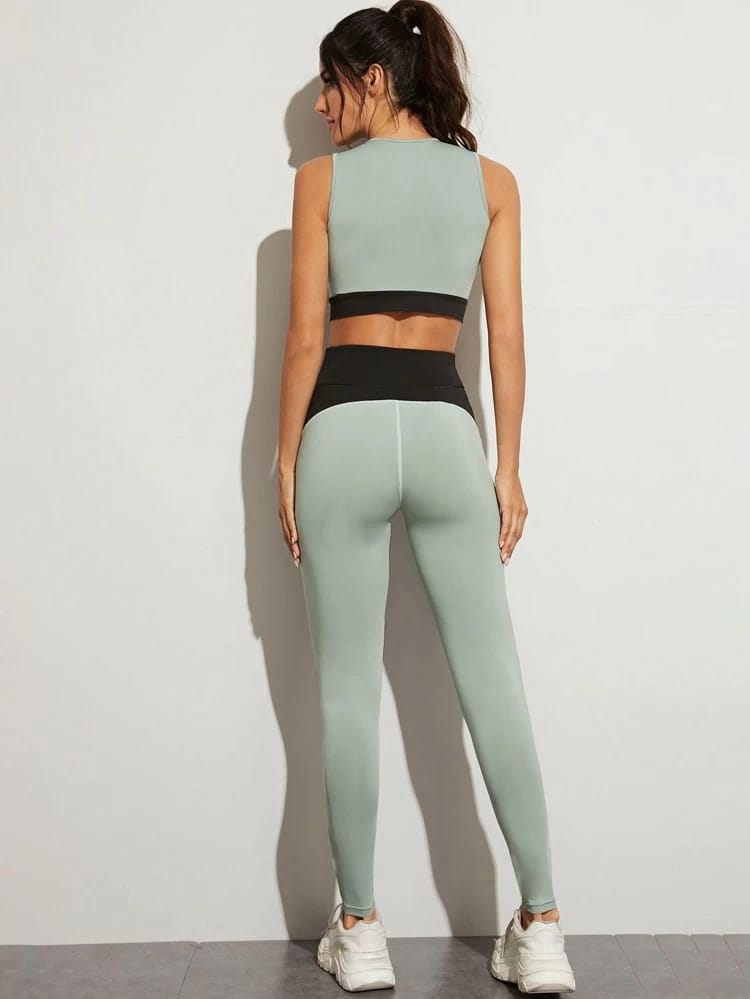 Zip-up Tank Top & Contrast Mesh Sports Leggings freeshipping - Kendiee