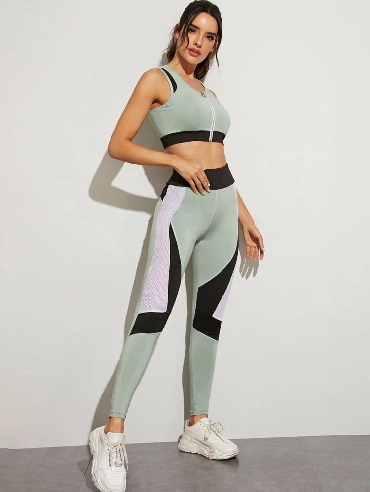 Zip-up Tank Top & Contrast Mesh Sports Leggings freeshipping - Kendiee