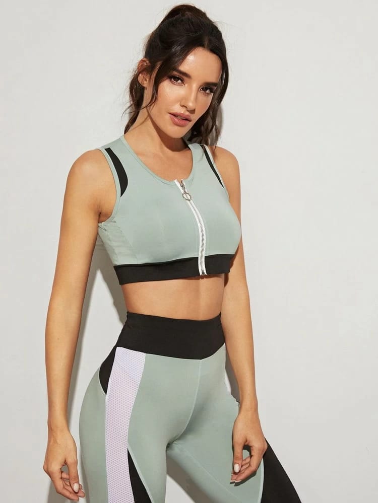 Zip-up Tank Top & Contrast Mesh Sports Leggings freeshipping - Kendiee