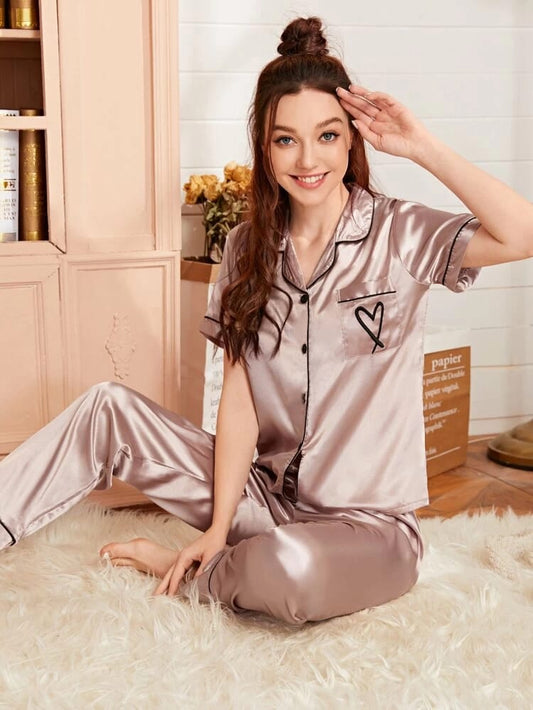 Heart Embroidery Piping Trim Satin PJ Set freeshipping - Kendiee