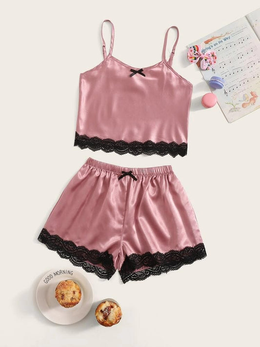 Girls Lace Trim Satin Cami Pajama Set freeshipping - Kendiee