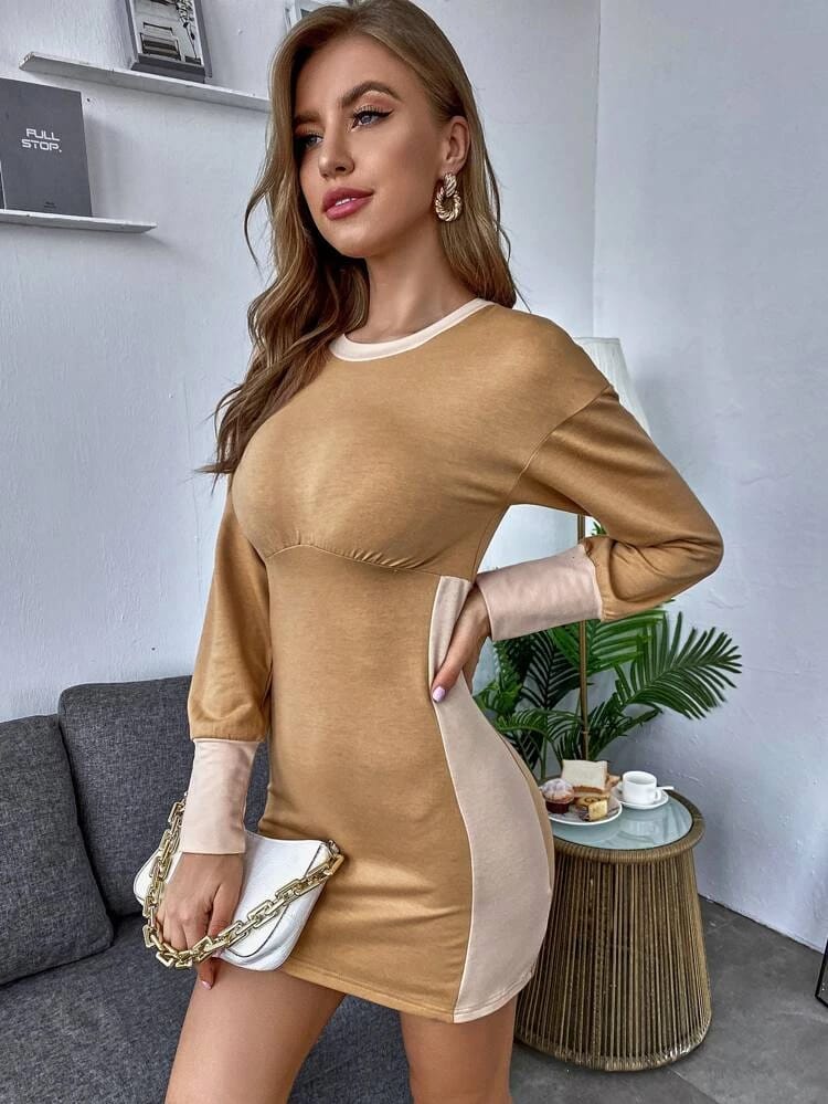 Solid Drop Shoulder Bodycon Sweatshirt Dress freeshipping - Kendiee