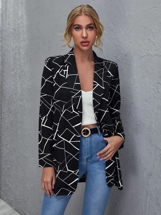 Geo Print Lapel Neck Blazer freeshipping - Kendiee