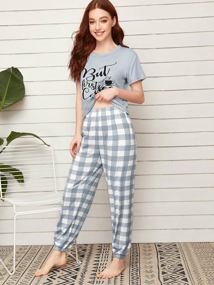 Slogan Graphic Tee With Buffalo Plaid Pants PJ Set freeshipping - Kendiee