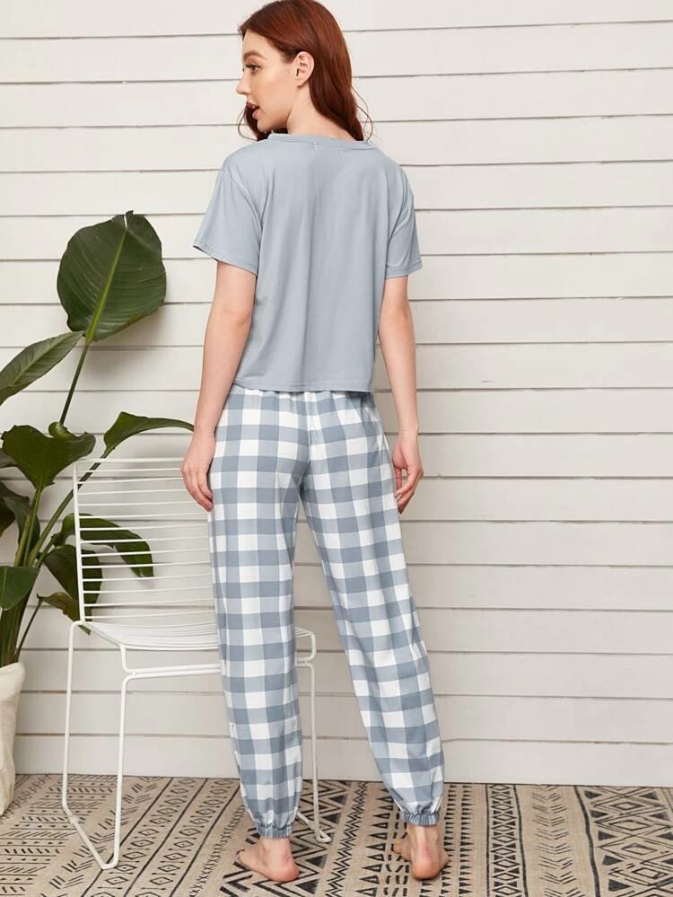 Slogan Graphic Tee With Buffalo Plaid Pants PJ Set freeshipping - Kendiee