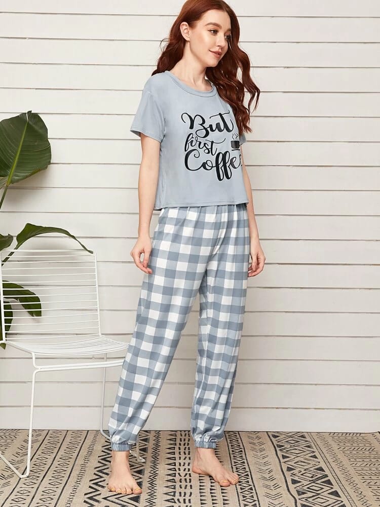 Slogan Graphic Tee With Buffalo Plaid Pants PJ Set freeshipping - Kendiee