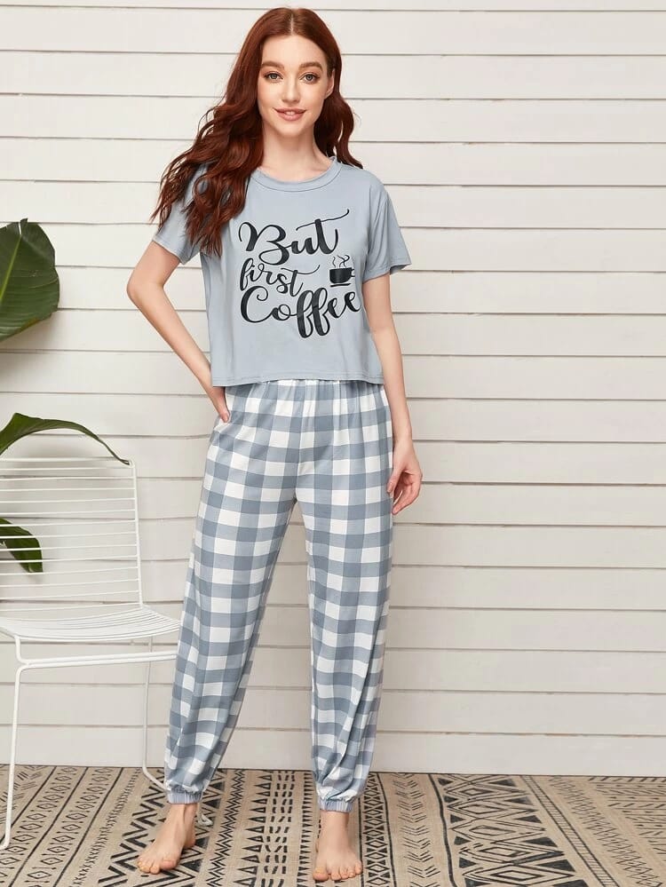 Slogan Graphic Tee With Buffalo Plaid Pants PJ Set freeshipping - Kendiee