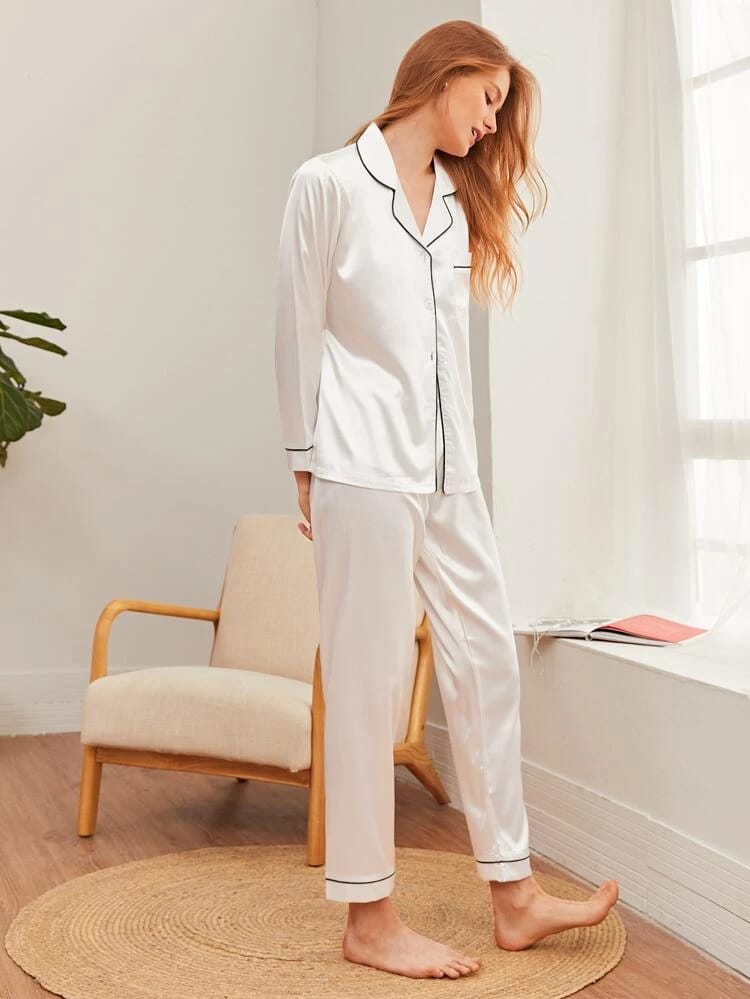 Contrast Binding Pocket Front Pajama Set freeshipping - Kendiee