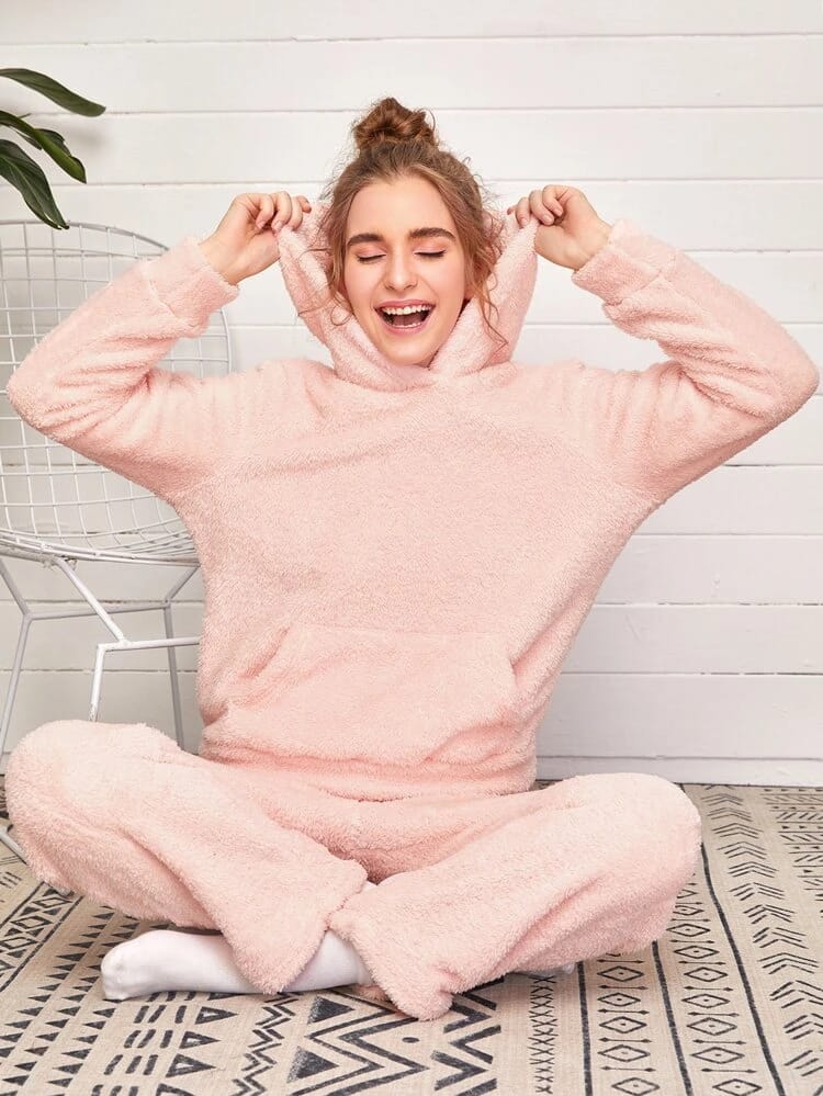 Solid Kangaroo Pocket Pajama Set freeshipping - Kendiee