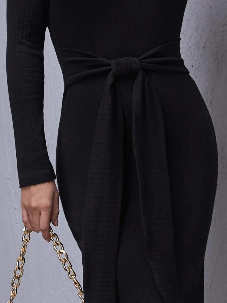 V-Neck Tie Waist Dress freeshipping - Kendiee