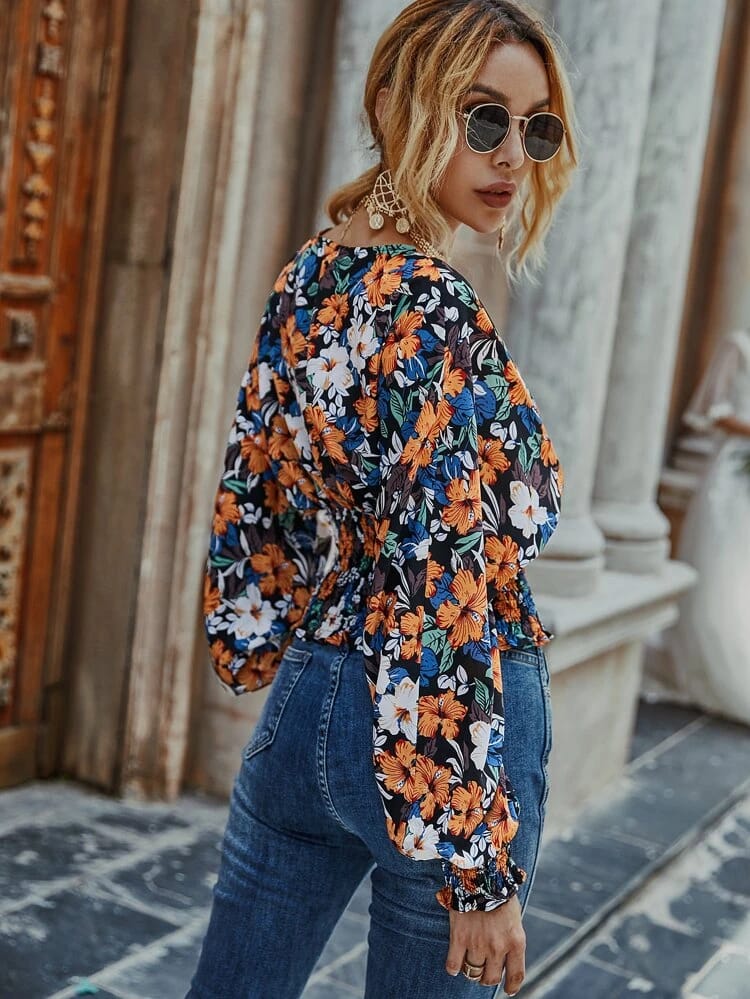 Allover Floral Shirred Waist Blouse freeshipping - Kendiee