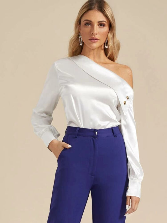 Asymmetrical Neck Button Detail Satin Blouse freeshipping - Kendiee