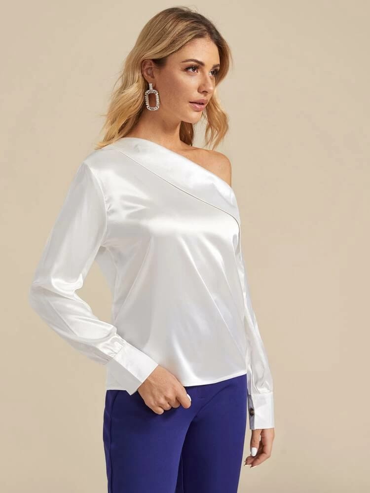 Asymmetrical Neck Button Detail Satin Blouse freeshipping - Kendiee