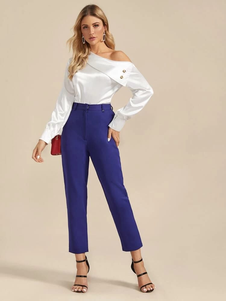 Asymmetrical Neck Button Detail Satin Blouse freeshipping - Kendiee