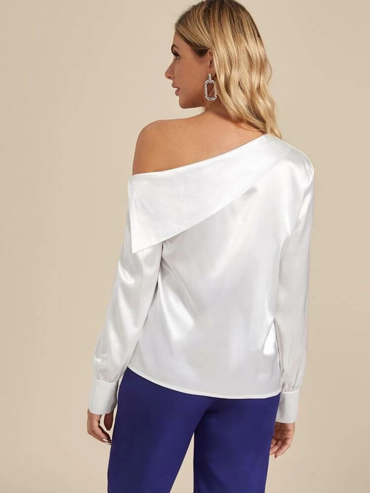 Asymmetrical Neck Button Detail Satin Blouse freeshipping - Kendiee