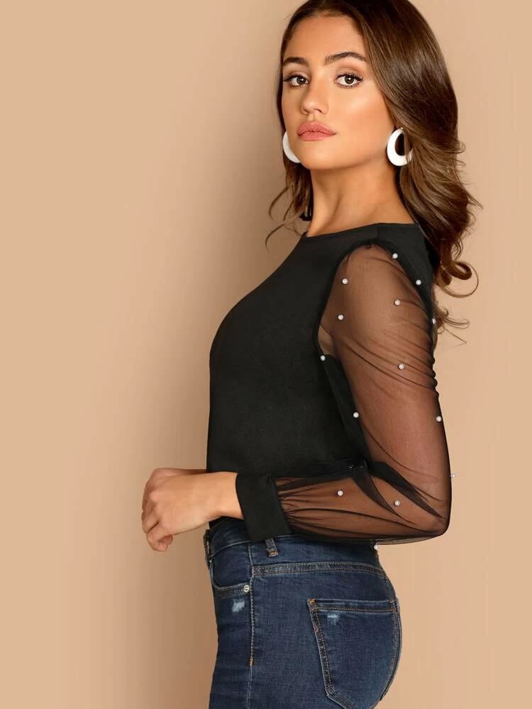 Faux Pearl Sheer Mesh Sleeve Top freeshipping - Kendiee