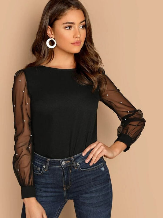 Faux Pearl Sheer Mesh Sleeve Top freeshipping - Kendiee