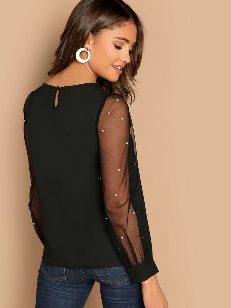 Faux Pearl Sheer Mesh Sleeve Top freeshipping - Kendiee