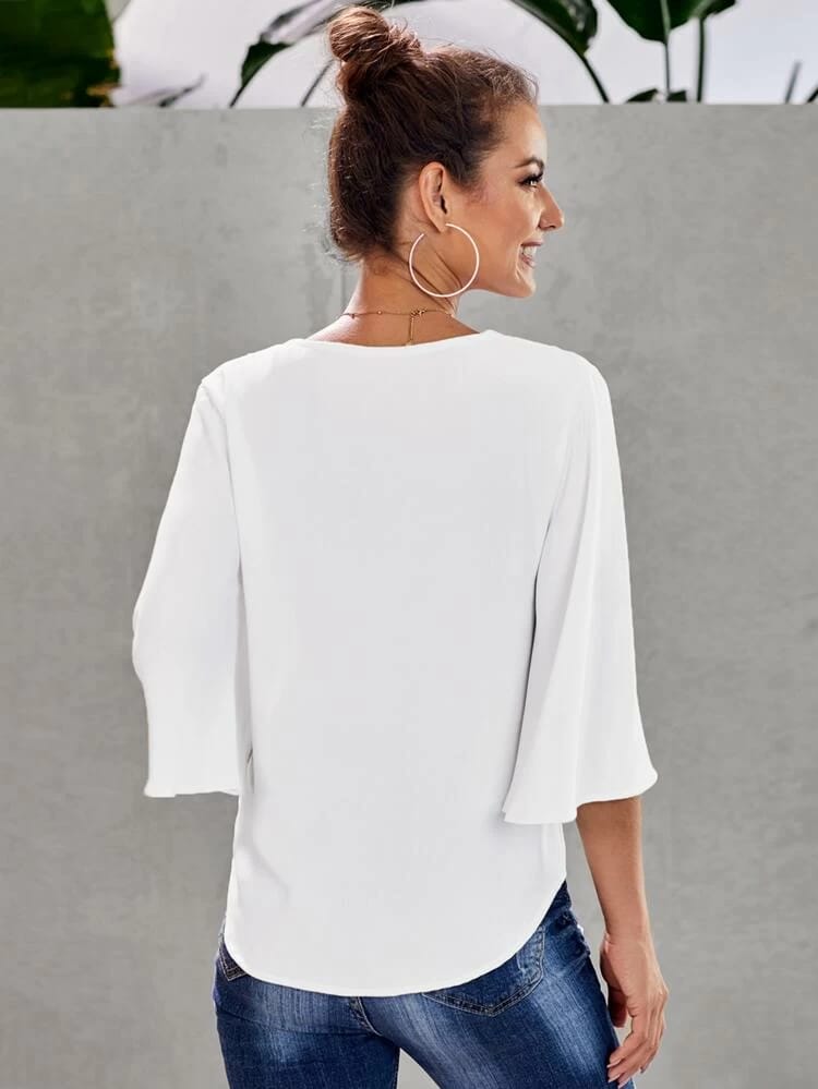 Button Front Knotted Hem Blouse freeshipping - Kendiee