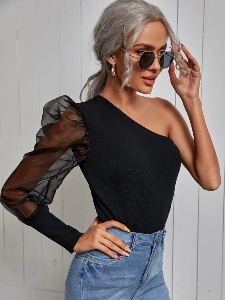 One Shoulder Mesh Gigot Sleeve Top freeshipping - Kendiee