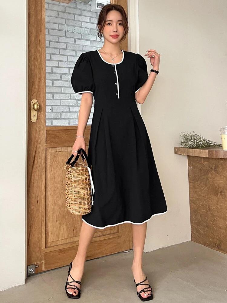 Button Front Contrast Binding Puff Sleeve Cotton Dress