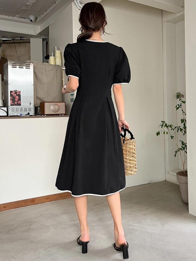 Button Front Contrast Binding Puff Sleeve Cotton Dress