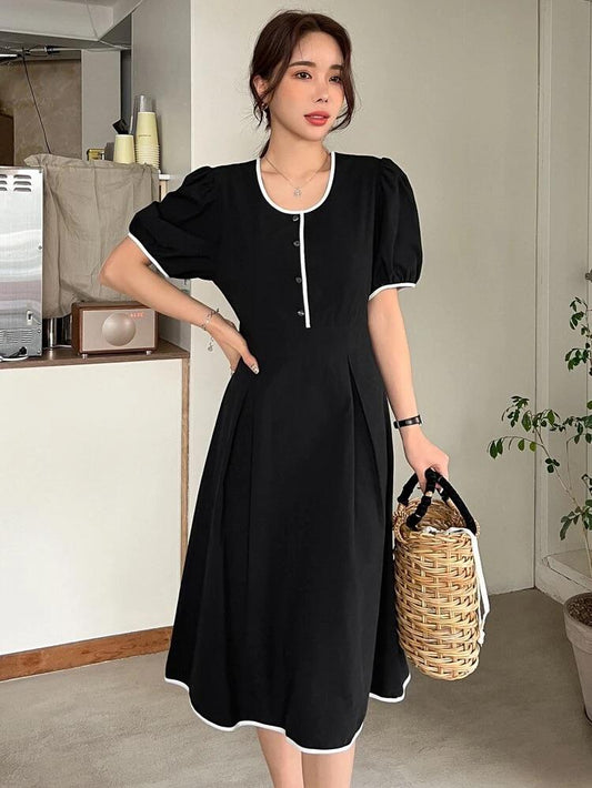 Button Front Contrast Binding Puff Sleeve Cotton Dress