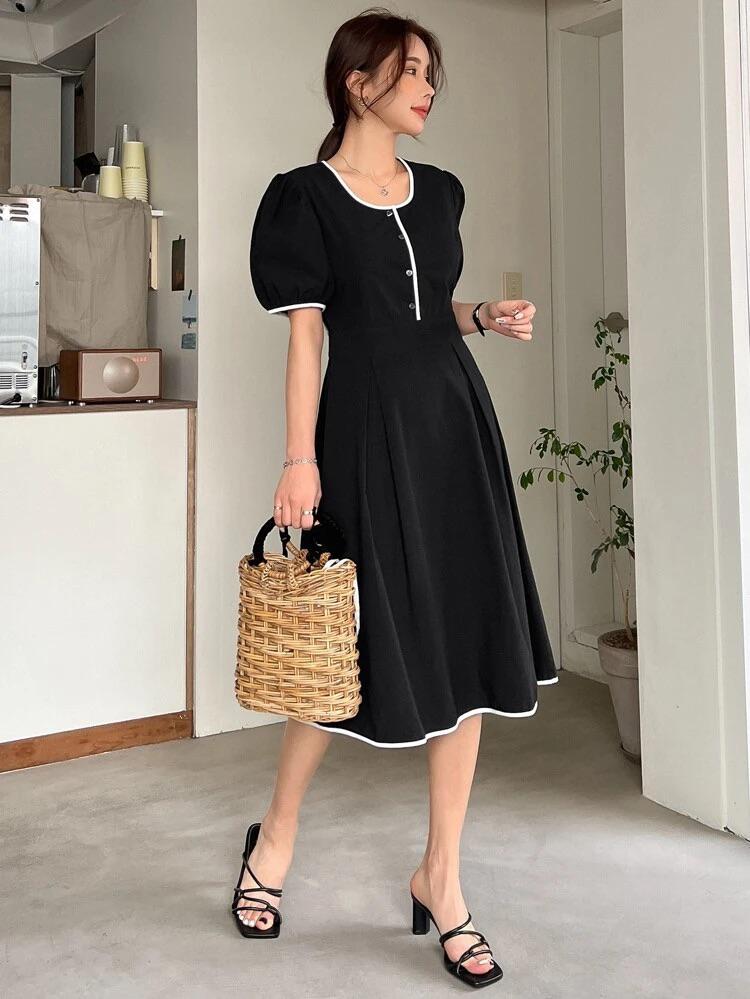 Button Front Contrast Binding Puff Sleeve Cotton Dress