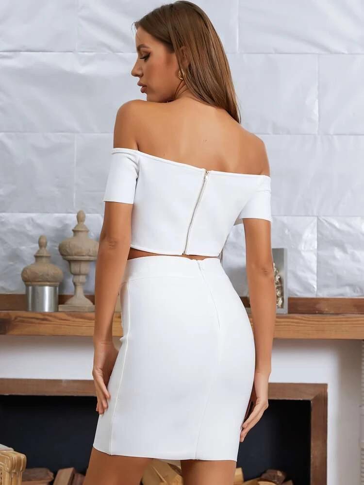 Cut Out Off Shoulder Crop Top & Button Detail Bodycon Skirt