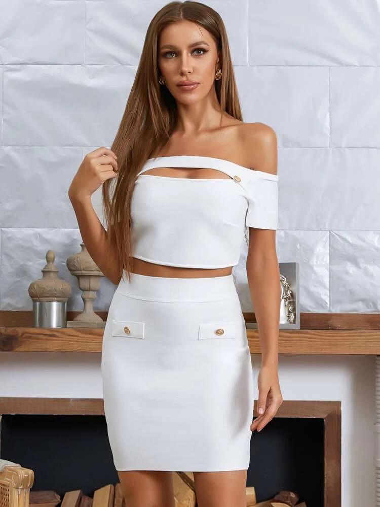 Cut Out Off Shoulder Crop Top & Button Detail Bodycon Skirt