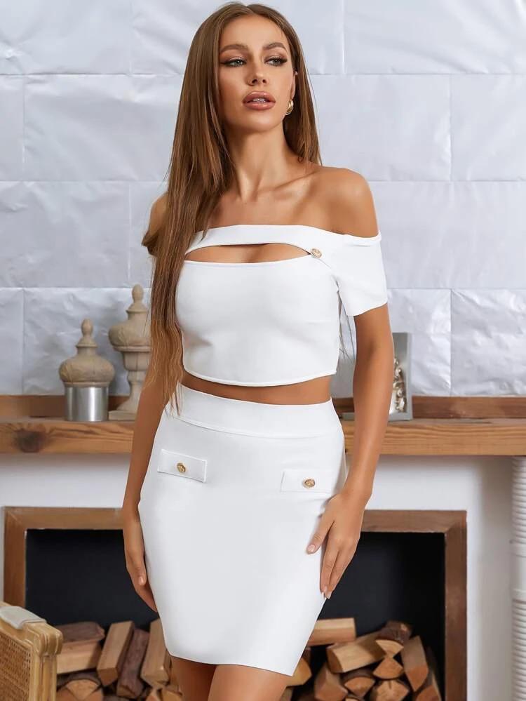 Cut Out Off Shoulder Crop Top & Button Detail Bodycon Skirt