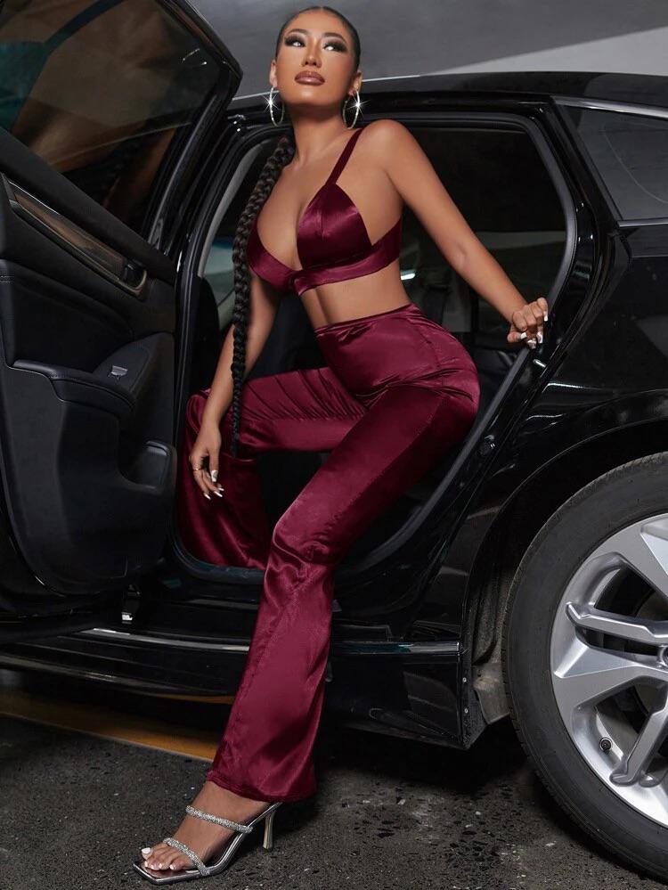 Tie Back Crop Velvet Cami Top & High Waist Pants