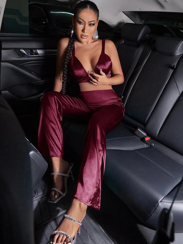 Tie Back Crop Velvet Cami Top & High Waist Pants