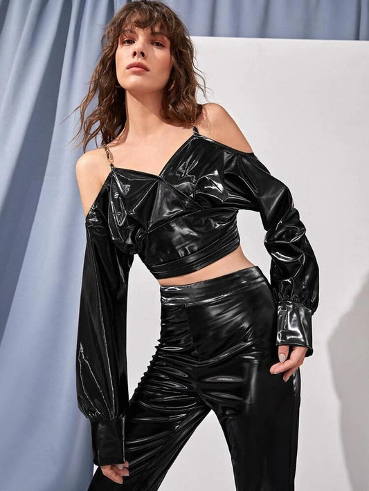 Cold Shoulder Zip Back PU Leather Crop Top And Pant