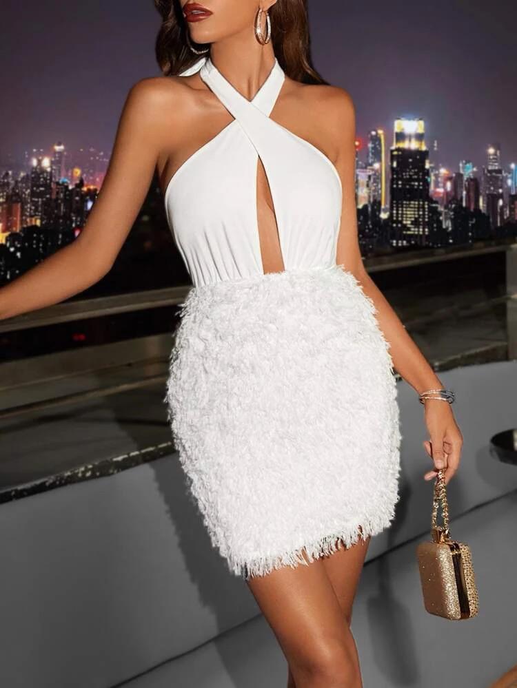 Fur Detail Halter Neck Dress