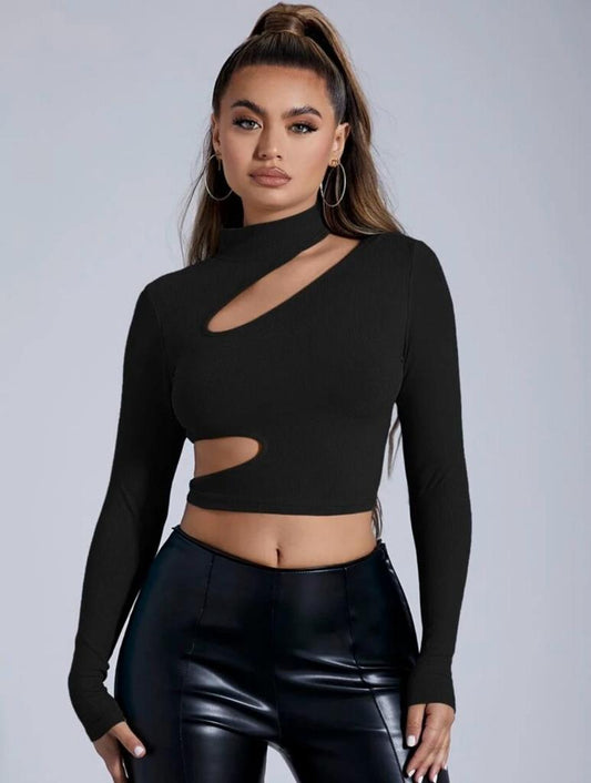 Stand Collar Cutout Crop Tee