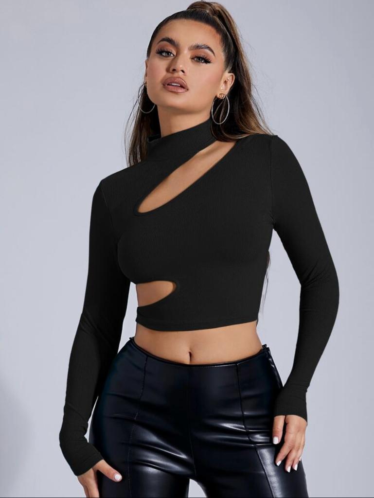 Stand Collar Cutout Crop Tee