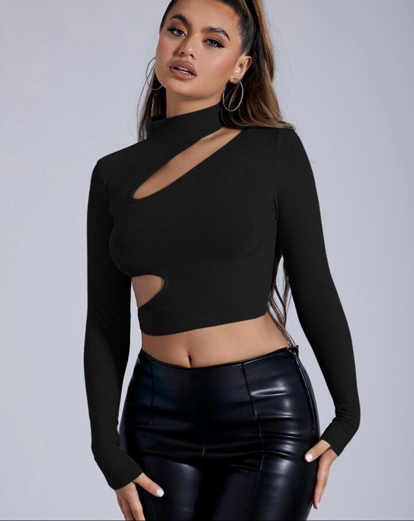 Stand Collar Cutout Crop Tee