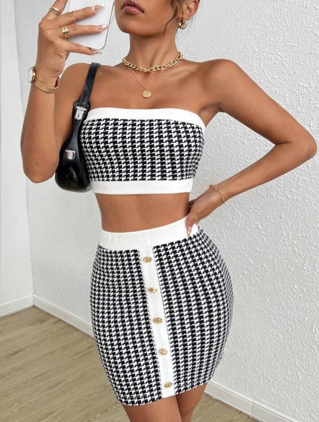 Houndstooth Print Crop Tube Top & Skirt Set