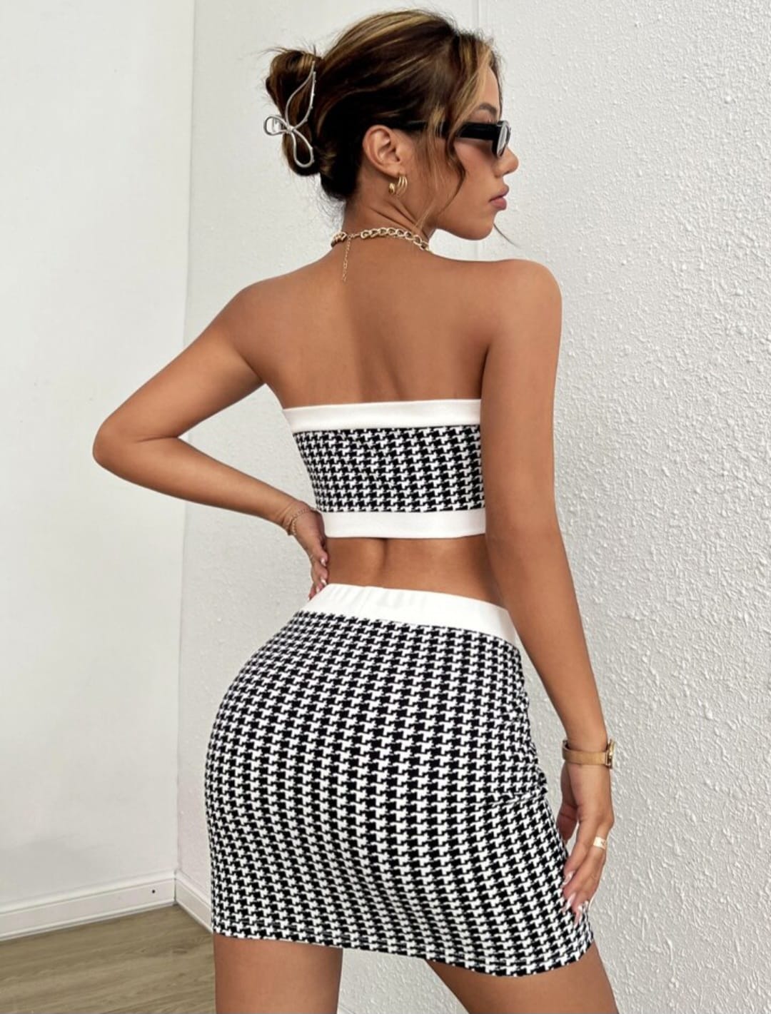 Houndstooth Print Crop Tube Top & Skirt Set