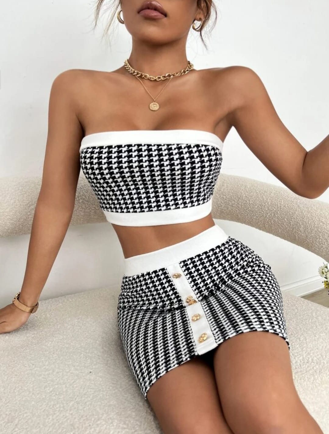 Houndstooth Print Crop Tube Top & Skirt Set