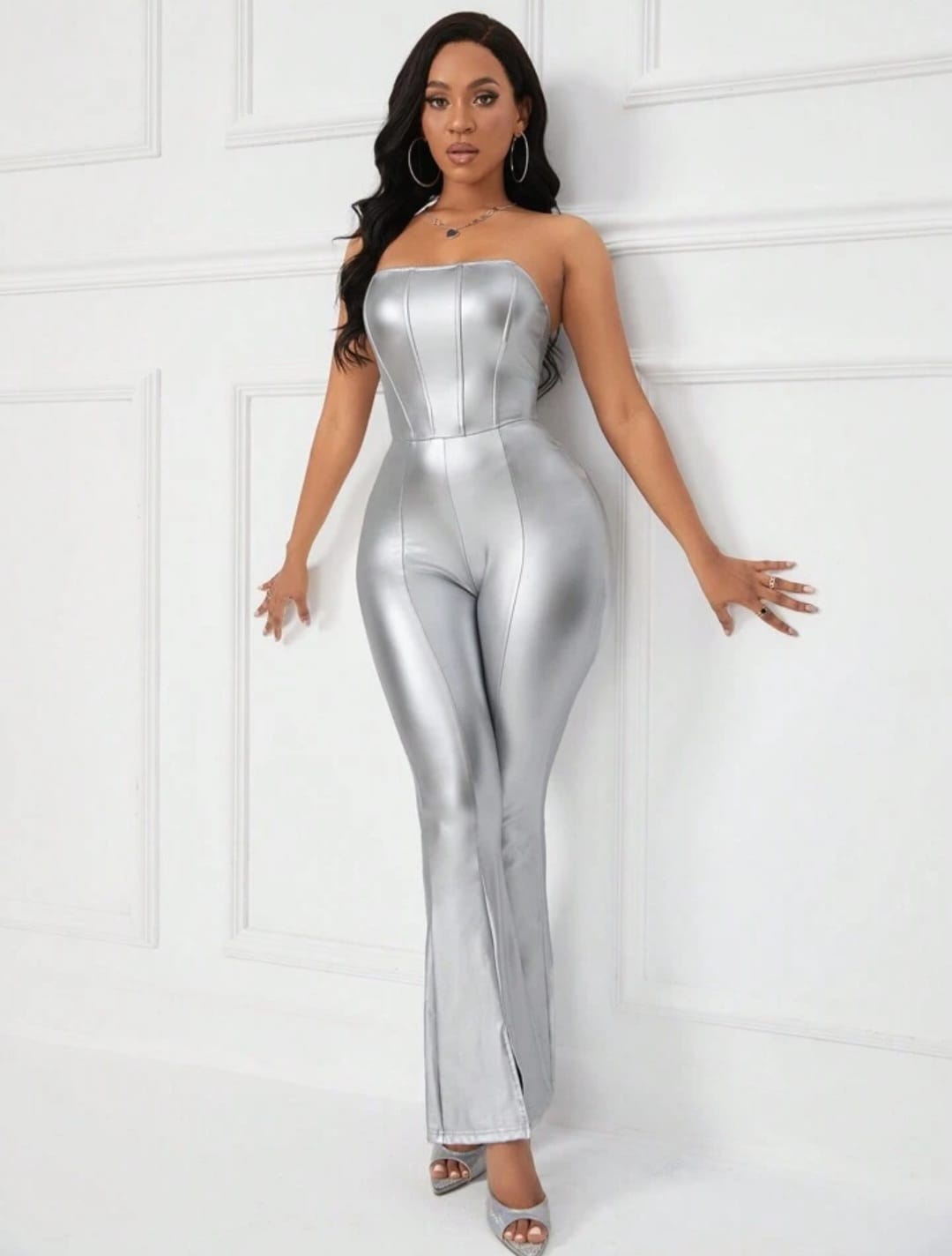 PU Leather Flare Leg Tube Jumpsuit