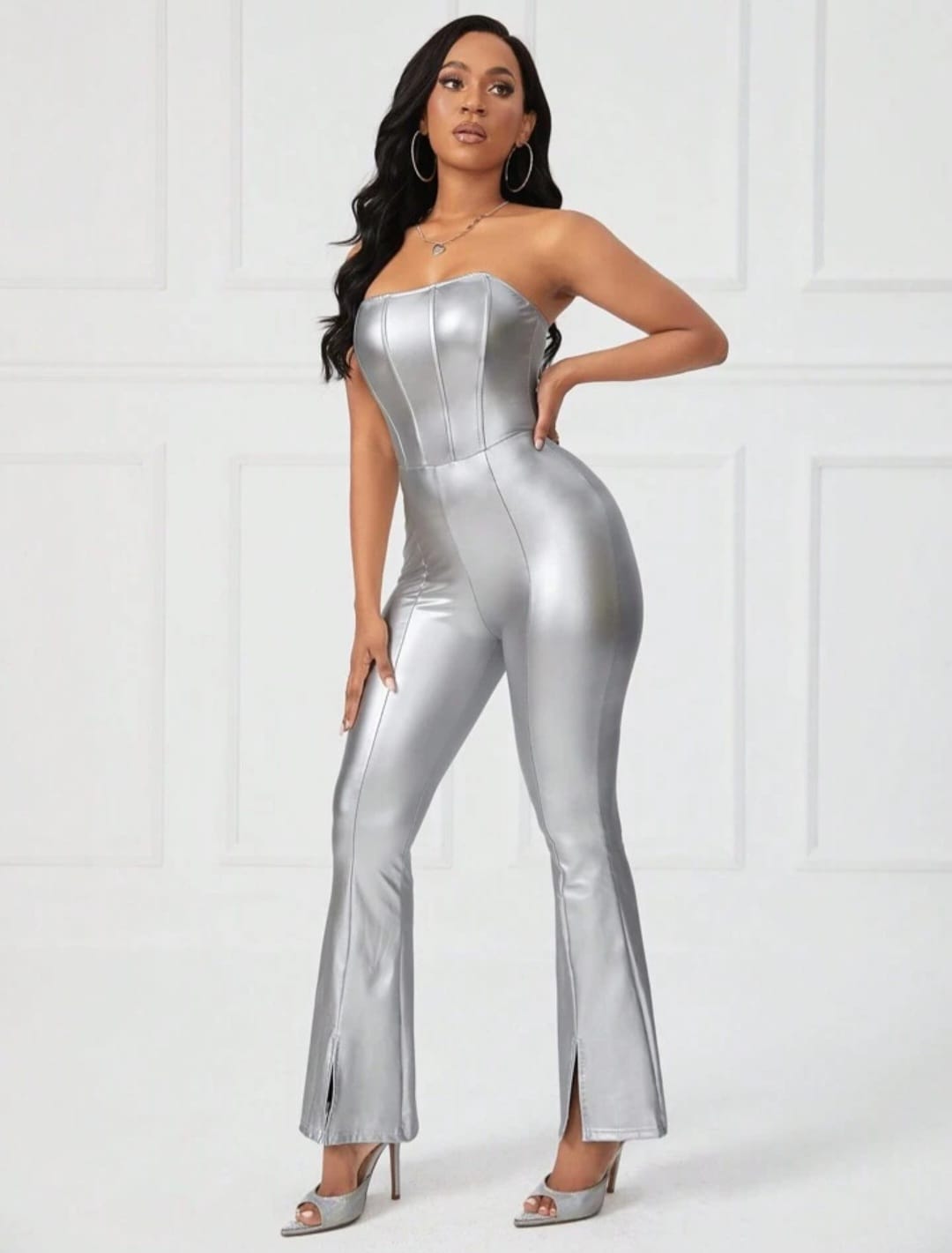 PU Leather Flare Leg Tube Jumpsuit