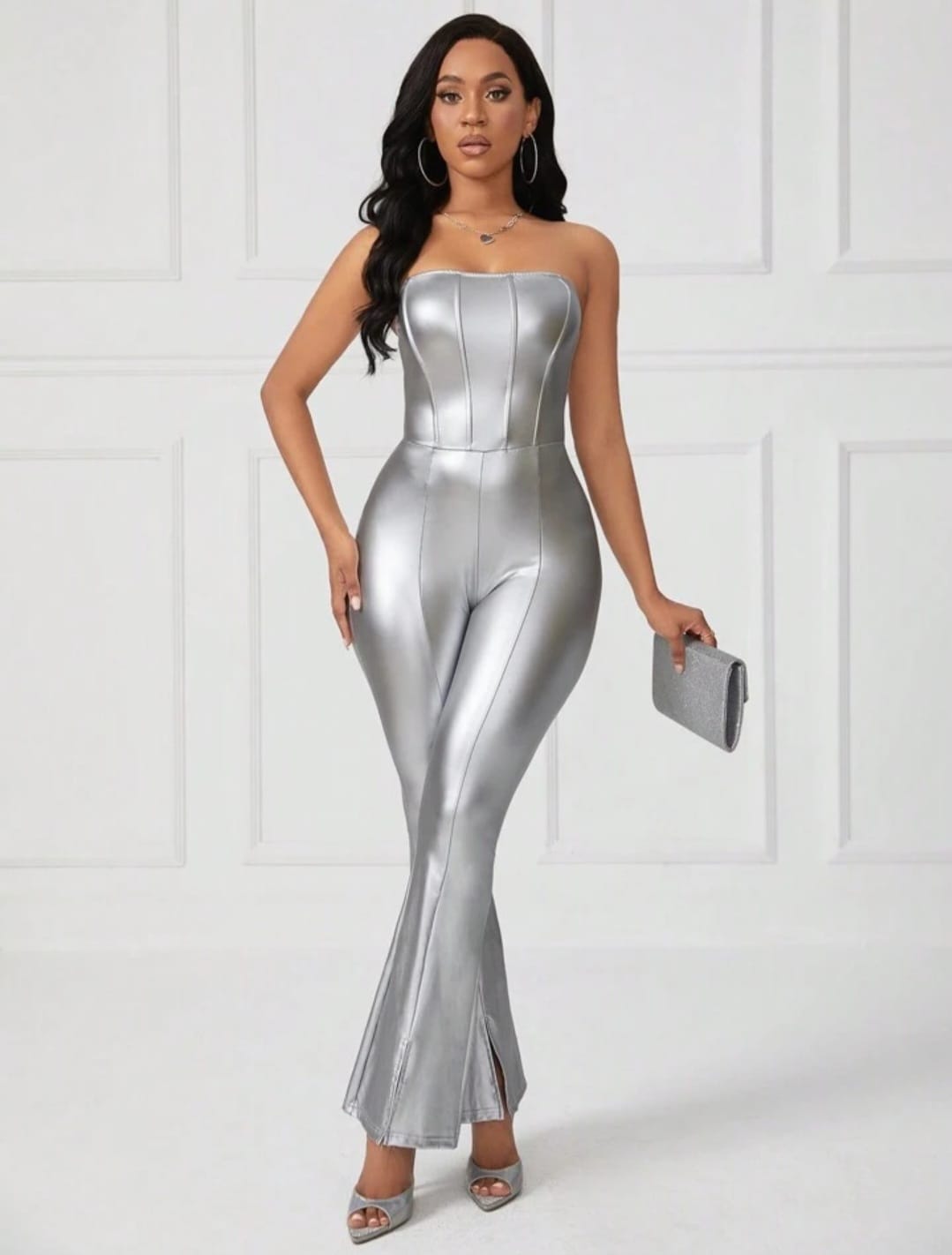 PU Leather Flare Leg Tube Jumpsuit