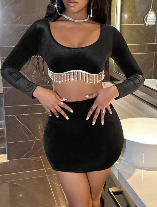 Rhinestone Fringe Trim Crop Velvet Top & Bodycon Skirt