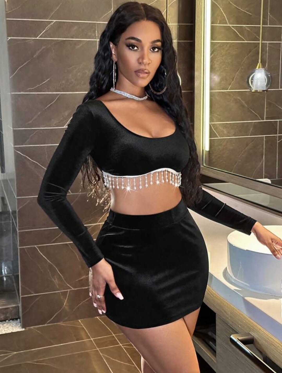 Rhinestone Fringe Trim Crop Velvet Top & Bodycon Skirt