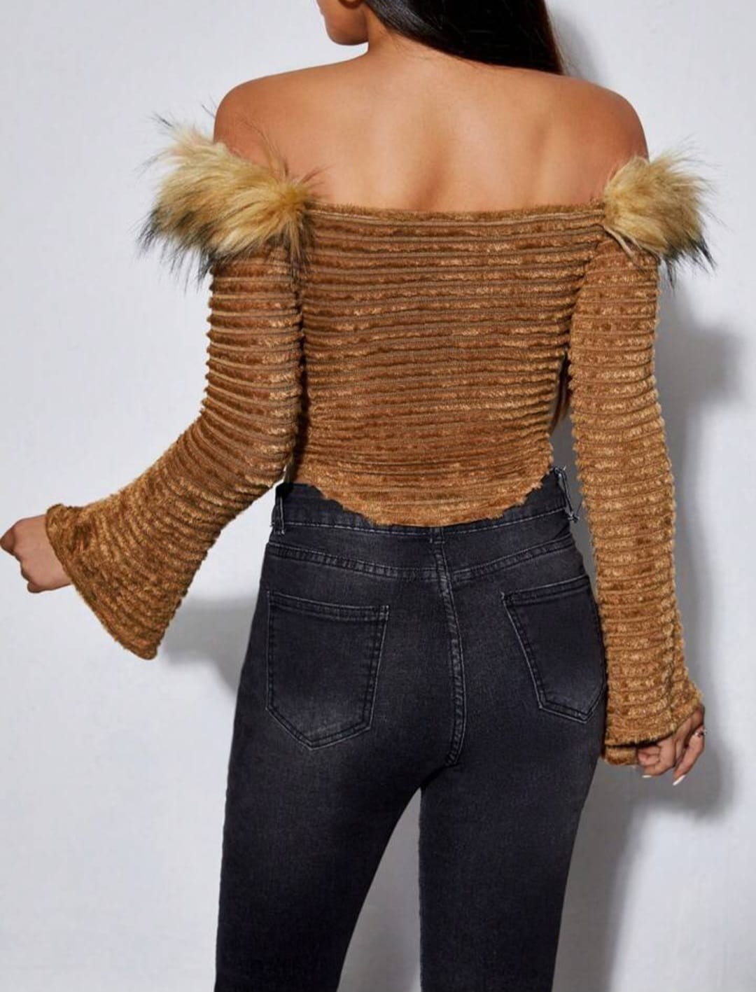 Off Shoulder Fuzzy Trim Tee