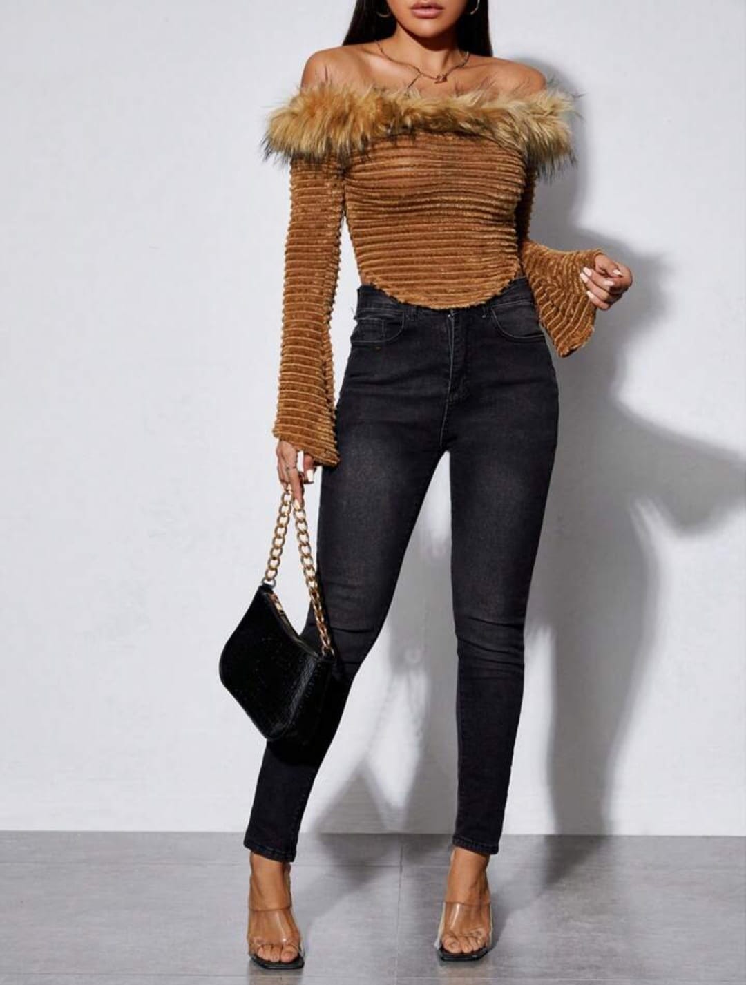 Off Shoulder Fuzzy Trim Tee